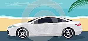 Background of luxurious white sports car on the beach