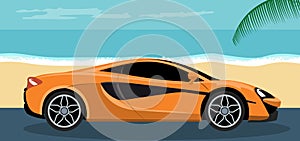Background of a luxury sports car on the beach in summer