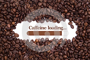 Background made of coffee beans with a loading bar and message `Caffeine loading...`