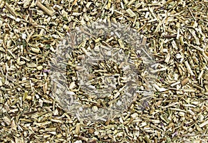 Background made of dried echinacea herb for medical use. Echinacea dried flowers backdrop. Echinacea root herb used in alternative