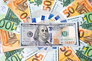 Background made of euro banknotes and dollar banknote