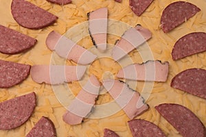 Background made from salami sausages and ham over the cheese