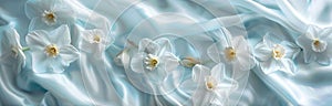 Background made of soft blue silk fabric with white daffodils.