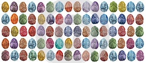 Background with many colored Easter eggs isolated on a white background.