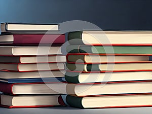 Background of many hardbound volumes, selective focus.