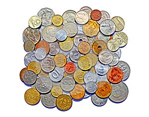 Background of many metallic coins of different countries