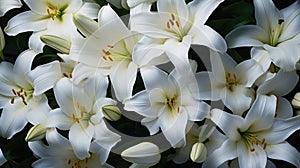 Background of many snow-white lilies. Spring Easter floral design