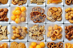 Background of many types of savory snacks in white square dishes