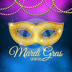 Background for Mardi Gras carnival. Gold glitter text. Luxurious gold glitter mask with sparkles for a masquerade. Golden shine. C