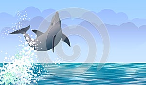 Background with maritime scene with waves and jumping dolphin. Blue sky with clouds. Illustration in digital art.