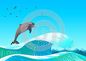 Background with maritime scene with waves and jumping dolphin. Blue sky with flock of seagulls. Illustration in digital art.