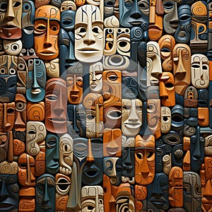 Background of masks of human faces, different emotions and colors, unusual psychedelic