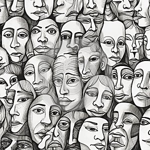 Background of masks of human faces, different emotions and colors, unusual psychedelic