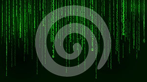 Background in a matrix style. Falling random numbers. Green is dominant color. Vector illustration