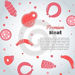 Background with meat products. Flat meat farm elements. Butcher promo banners, cards, brochure, sale, promotion. Vector