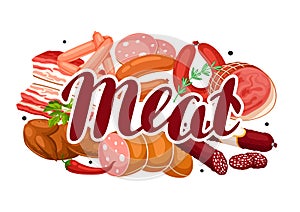 Background with meat products. Illustration of sausages, bacon and ham