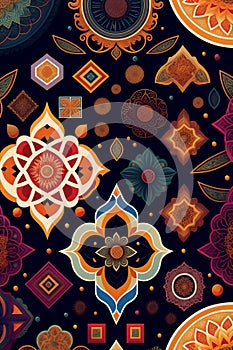 background of Medallions and mandalas tapestry pattern. Pattern mirrored repeat duplicates background. Generative AI photo