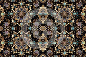 background of Medallions, rosettes and mandalas golden tapestry pattern. Pattern mirrored repeat duplicates background. Generative