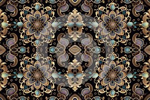 background of Medallions, rosettes and mandalas golden tapestry pattern. Pattern mirrored repeat duplicates background. Generative photo