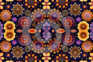 background of Medallions, rosettes, and mandalas tapestry pattern. Pattern mirrored repeat duplicates background. Generative AI photo