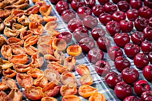 Background of mellow cherry and apricot berries prepared for sun-drying