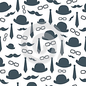 Background of men`s hat, glasses, tie, mustache.