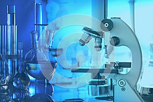 Microscope and laboratory tools in reseach laboratory photo