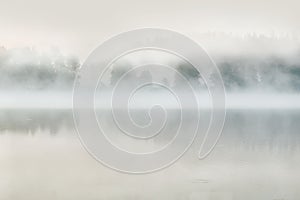 Background with misty forest lake reflection