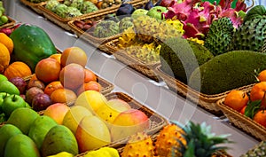 Background: Mix of Assorted Fresh fruits at a shop for sale