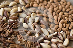 Background of mixed nuts - pecans, almonds, brasil nuts