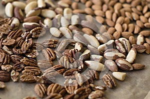 Background of mixed nuts - pecans, almonds, brasil nuts