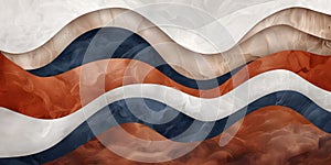 The background modern contemporary artwork featuring flowing waves in navy, dark terra cotta, and white tones, adding elegance and