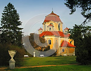 Background of the monastery church before reconstruction. Functional chapel with a church destroyed and occupied in the time of