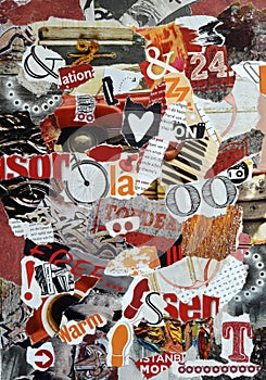Background Mood board collage made of teared magazines in red,orange and black colors