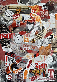 Background Mood board collage made of teared magazines in red,orange and black colors