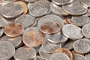 Background of  most common American coins. Pennies, Dimes, Nickels, Quarters