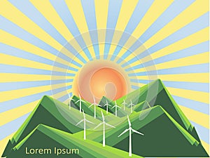 Background with mountain landscape below on blue, wind power plant, Lorem ipsum. Green hills, valley, blue sky