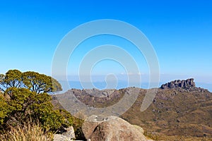 Background mountain landscape peak Prateleiras, Itatiaia, Brazil