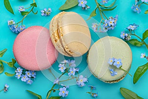 Background from multi-colored macaroons on bright blue background, top view.