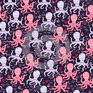 Background with multi-colored octopus swimming in the water with fish and coral.
