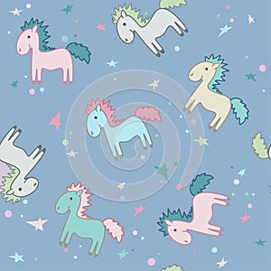 Background with multi-colored ponies with a bright mane. Childre