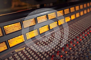 Background of music mixer, sound recording and frequency in radio industry, broadcast and scales. DJ equipment