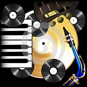 Background music vinyl records, saxophone, guitar and piano