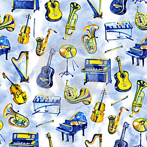 Background musical instruments. Seamless pattern. Watercolor illustration