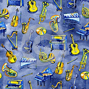 Background musical instruments. Seamless pattern. Watercolor illustration