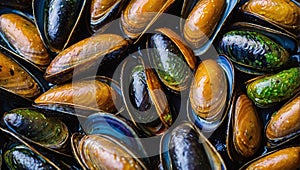 background with mussel shells in brown, black and green colors