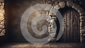 Background of mystical dark interior of medieval room with large wooden door and skull on table against an ancient stone wall.