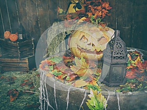 Background for the mystical holiday Halloween. Religious beliefs. Jack-o`-lantern pumpkin decorative lantern