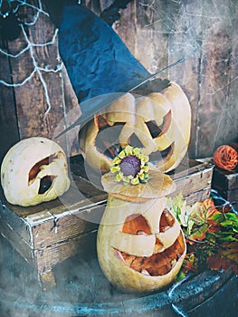 Background for the mystical holiday Halloween. Religious beliefs. Jack-o`-lantern pumpkin decorative lantern