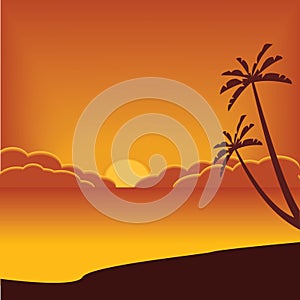 Background, natural landscape: orange sunset, sea and beach.